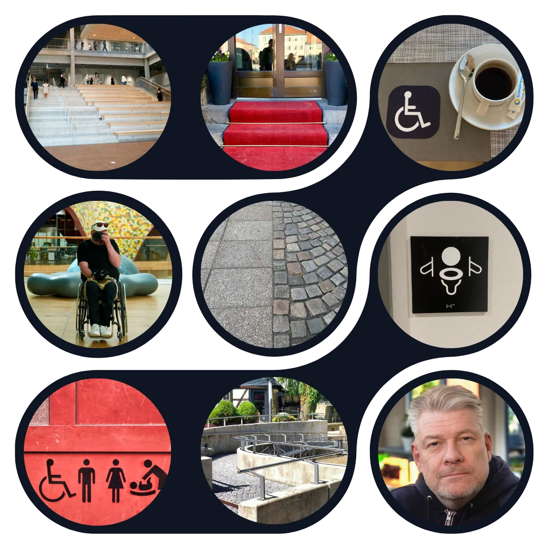 A composition of round photographs from accessibility settings - signs, doorways, cobblestones, gathering places, a wheelchair user, a portrait - connected by curving bridges, with several of the photographs beginning to merge into each other.