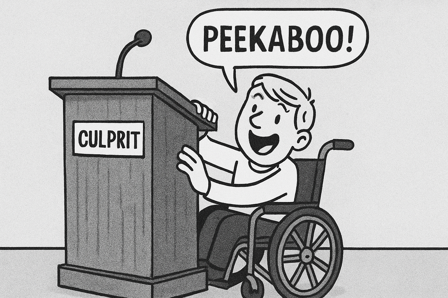 Comic sketch with a person in a wheelchair behind l large speaker podium. (AI gen)