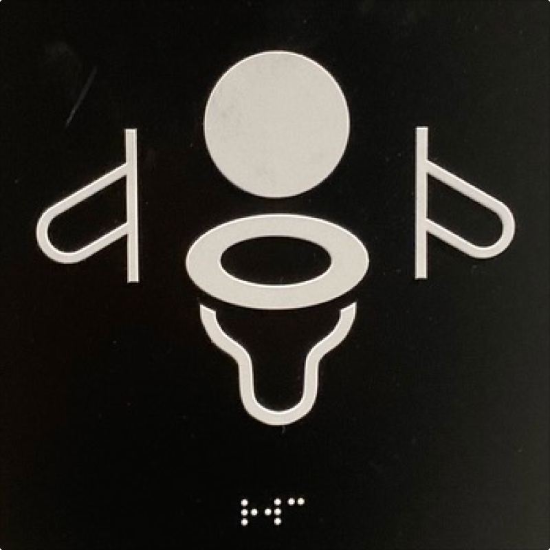 Nonclusive strategy: a sign with a water closet and handrails.